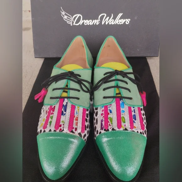 Green Multicolor Handmade Leather Suede Cow Print Oxford Fringe Shoes Size 6-8.5 - Picture 2 of 13